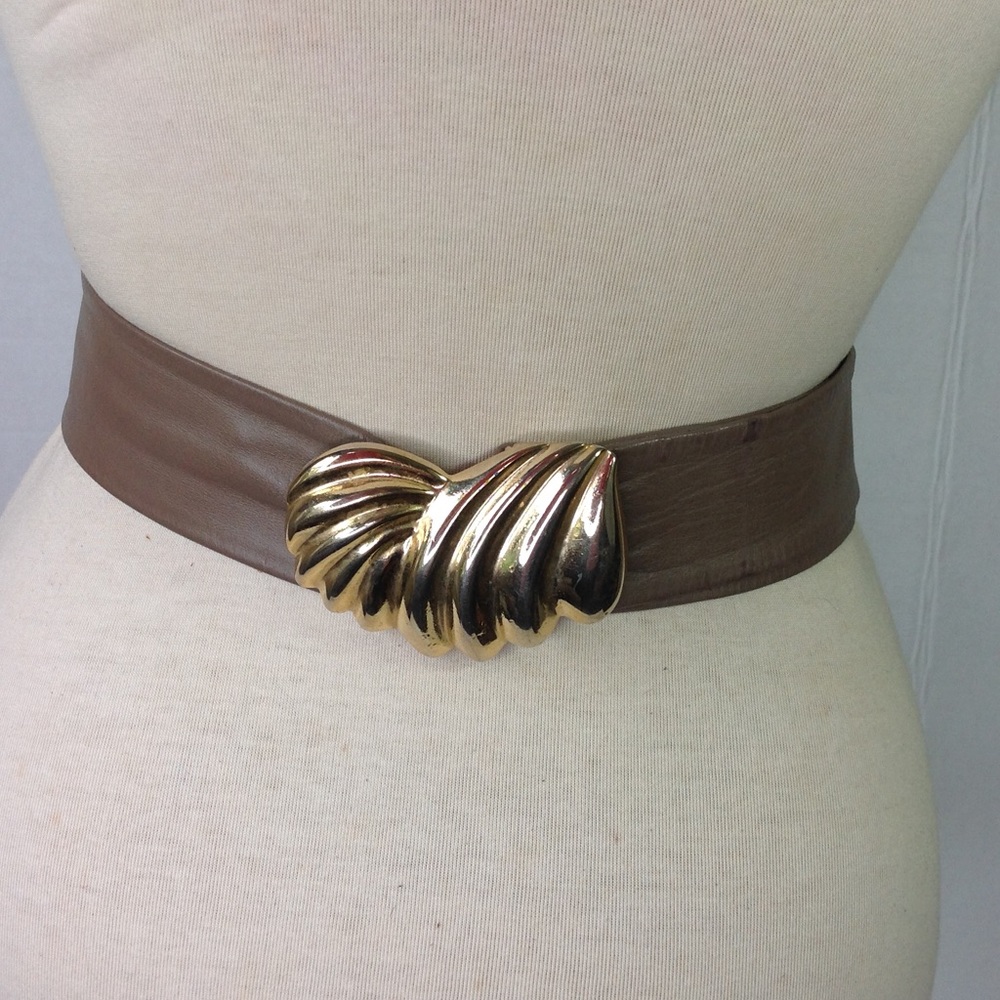 1980's Revcor Brown Leather Belt Gold Shell Buckle